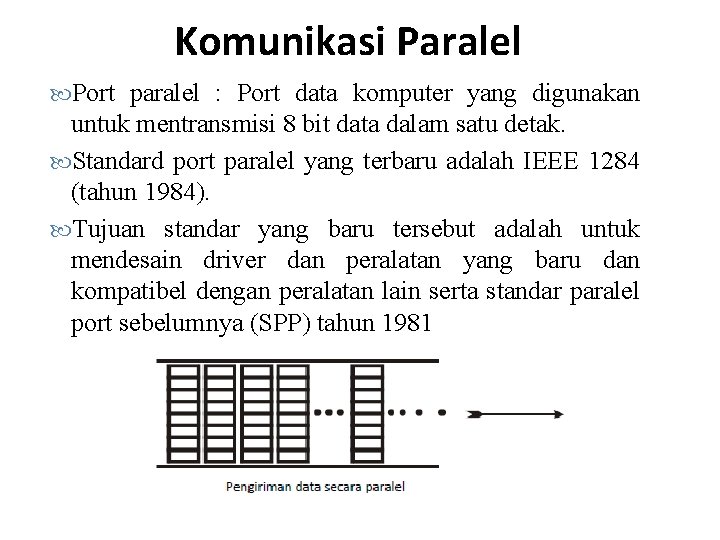 Komunikasi Paralel Port paralel : Port data komputer yang digunakan untuk mentransmisi 8 bit