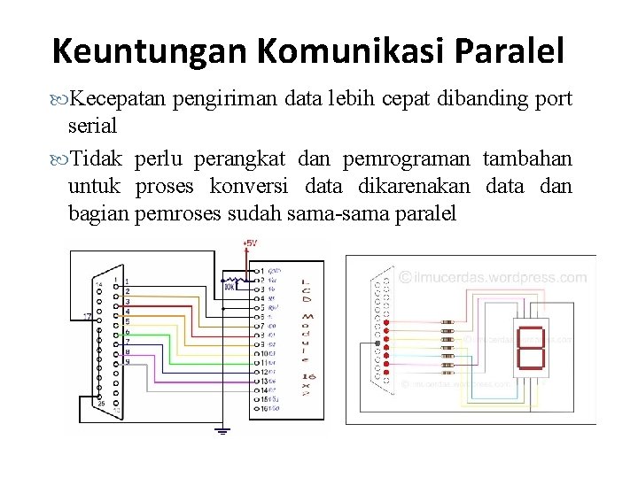 Keuntungan Komunikasi Paralel Kecepatan pengiriman data lebih cepat dibanding port serial Tidak perlu perangkat