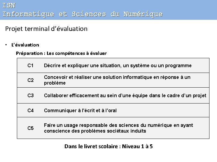 ISN Informatique et Sciences du Numérique Projet terminal d’évaluation • L’évaluation Préparation : Les