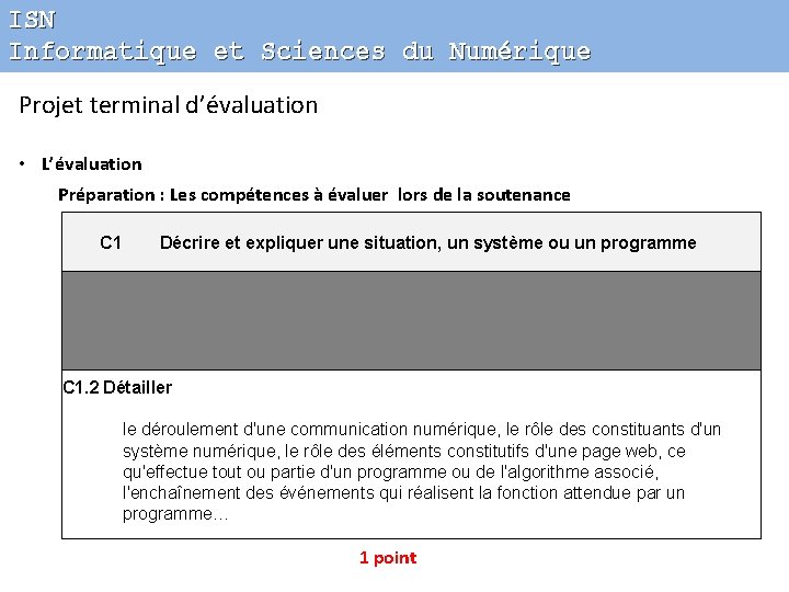 ISN Informatique et Sciences du Numérique Projet terminal d’évaluation • L’évaluation Préparation : Les