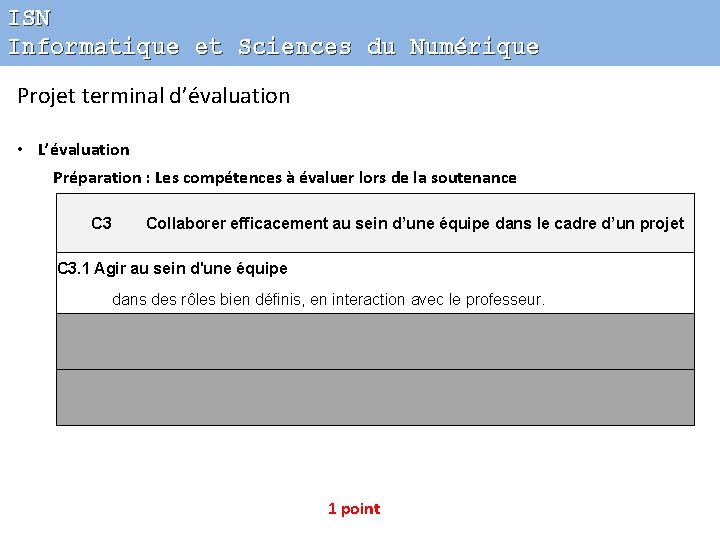 ISN Informatique et Sciences du Numérique Projet terminal d’évaluation • L’évaluation Préparation : Les
