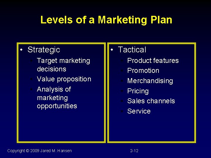 Levels of a Marketing Plan • Strategic • Target marketing decisions • Value proposition