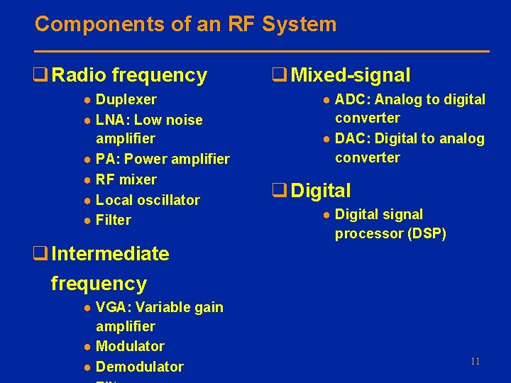 Components of an RF System q Radio frequency ● Duplexer ● LNA: Low noise