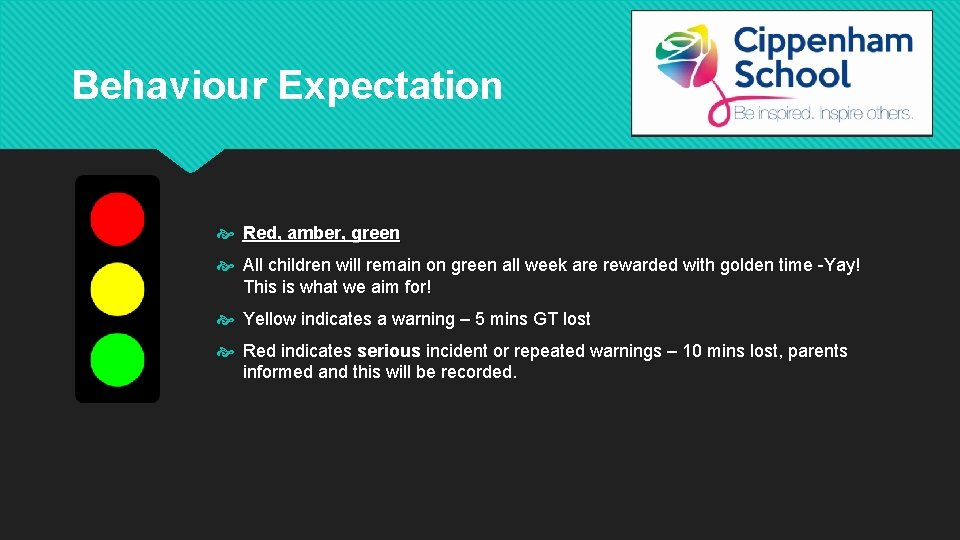 Behaviour Expectation Red, amber, green All children will remain on green all week are