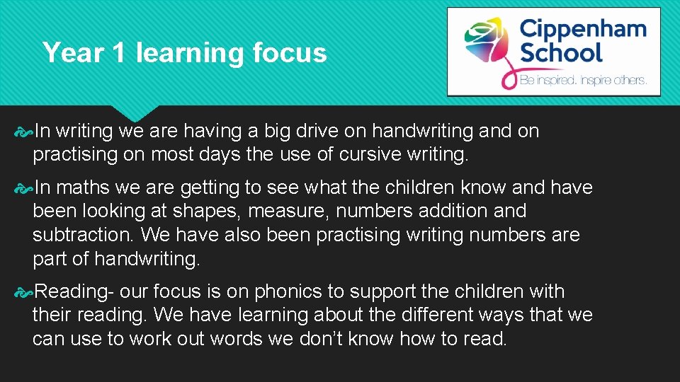 Year 1 learning focus In writing we are having a big drive on handwriting