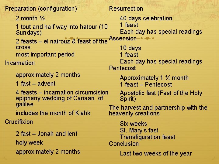 Preparation (configuration) Resurrection 40 days celebration 2 month ½ 1 feast 1 tout and