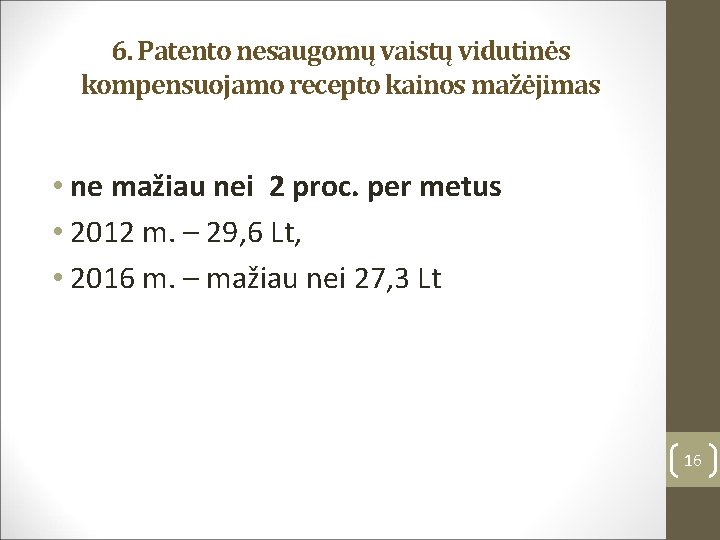 6. Patento nesaugomų vaistų vidutinės kompensuojamo recepto kainos mažėjimas • ne mažiau nei 2