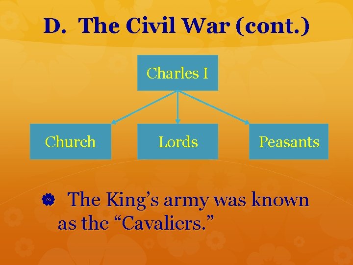D. The Civil War (cont. ) Charles I Church Lords Peasants The King’s army