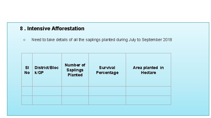 8. Intensive Afforestation ○ Sl No Need to take details of all the saplings