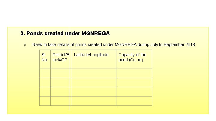 3. Ponds created under MGNREGA ○ Need to take details of ponds created under