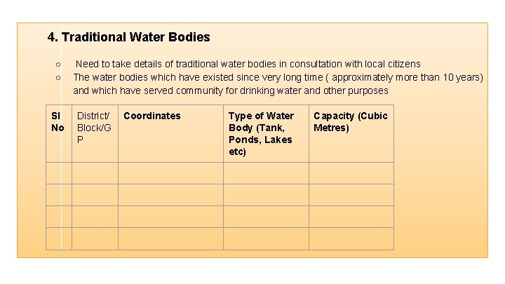 4. Traditional Water Bodies ○ ○ Sl No Need to take details of traditional