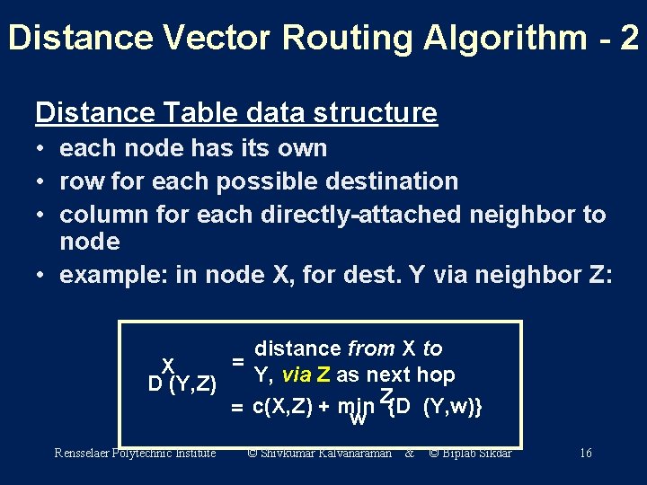 Distance Vector Routing Algorithm - 2 Distance Table data structure • each node has