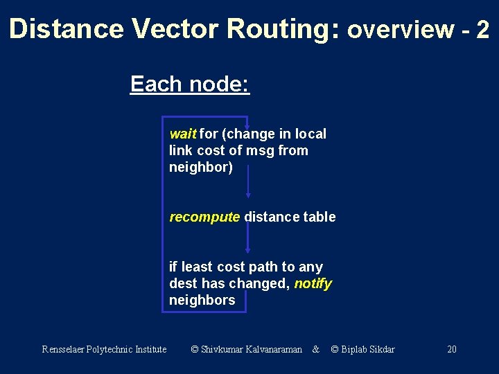 Distance Vector Routing: overview - 2 Each node: wait for (change in local link