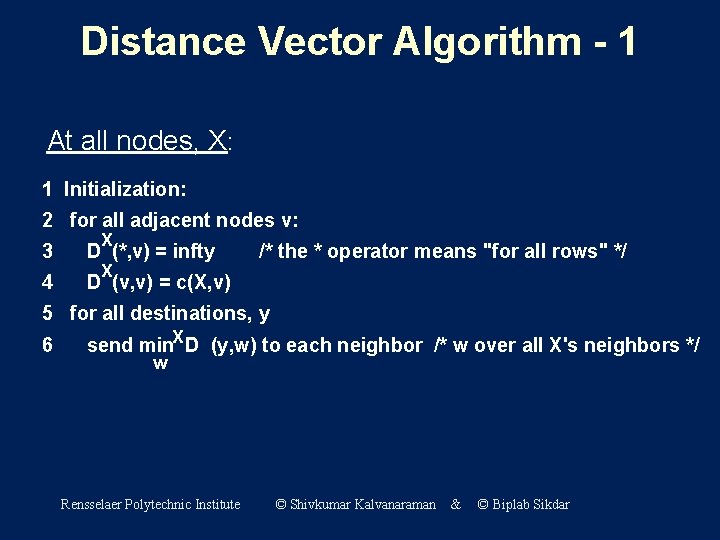 Distance Vector Algorithm - 1 At all nodes, X: 1 Initialization: 2 for all