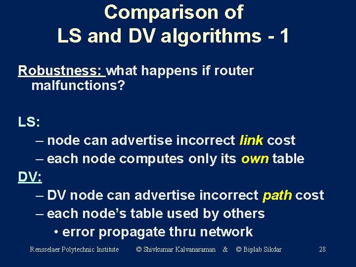 Comparison of LS and DV algorithms - 1 Robustness: what happens if router malfunctions?