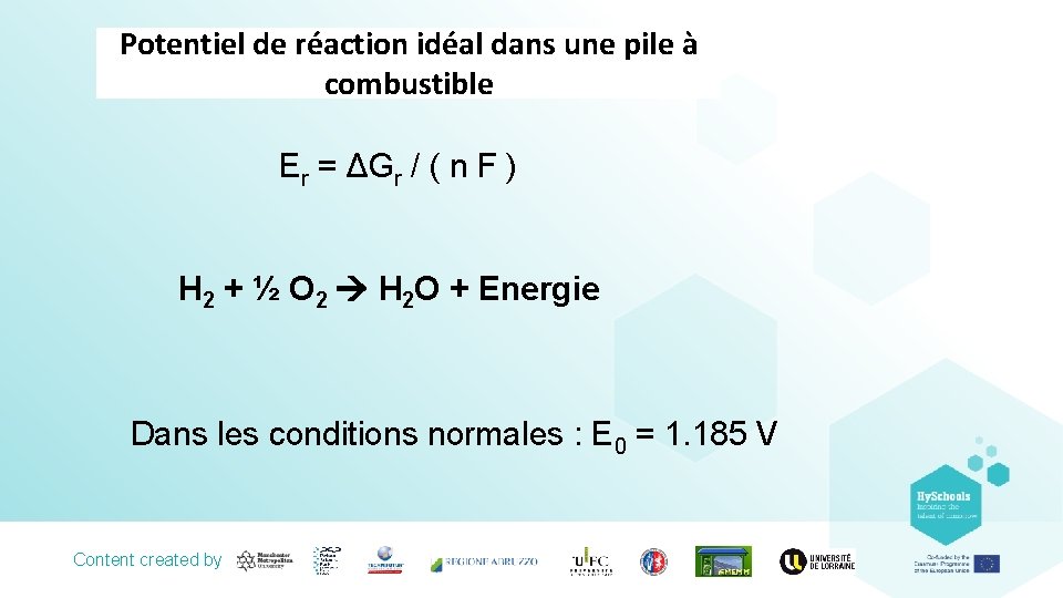 Potentiel de réaction idéal dans une pile à combustible Er = ΔGr / (