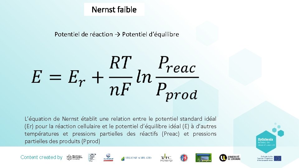 Nernst faible Potentiel de réaction → Potentiel d’équilibre L’équation de Nernst établit une relation