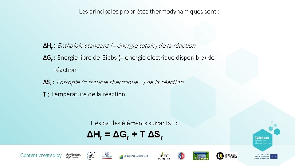 Les principales propriétés thermodynamiques sont : ΔHr : Enthalpie standard (= énergie totale) de