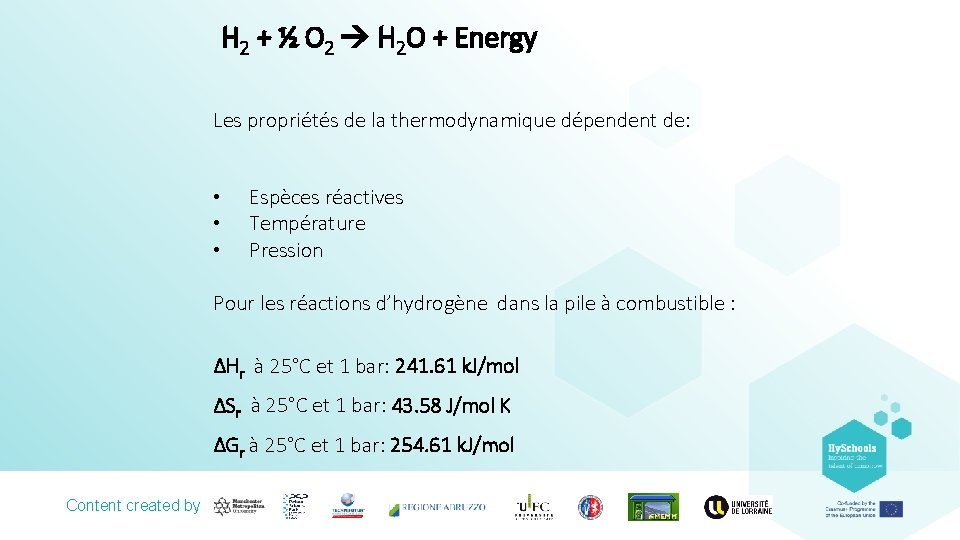 H 2 + ½ O 2 H 2 O + Energy Les propriétés de