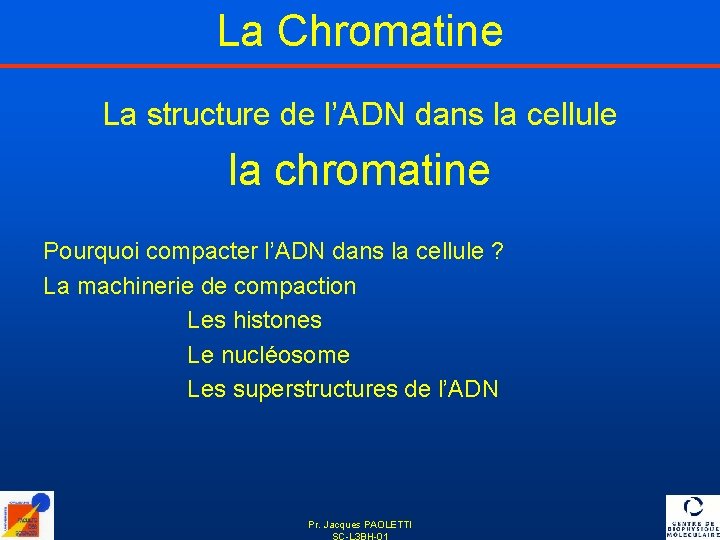 La Chromatine La structure de l’ADN dans la cellule la chromatine Pourquoi compacter l’ADN