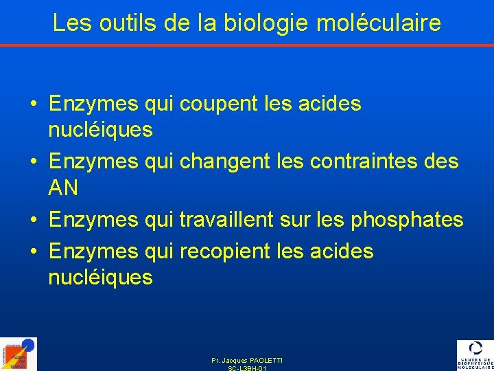 Les outils de la biologie moléculaire • Enzymes qui coupent les acides nucléiques •