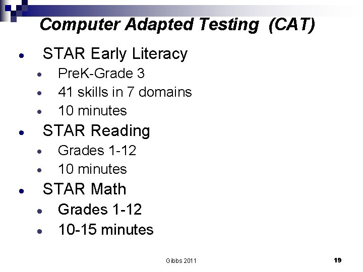 Computer Adapted Testing (CAT) STAR Early Literacy Pre. K-Grade 3 41 skills in 7