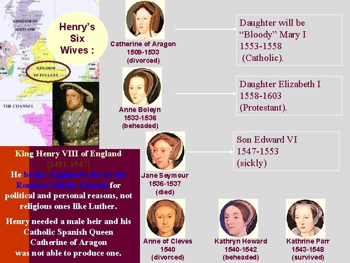 Henry’s Six Wives : Catherine of Aragon 1509 -1533 (divorced) Anne Boleyn 1533 -1536