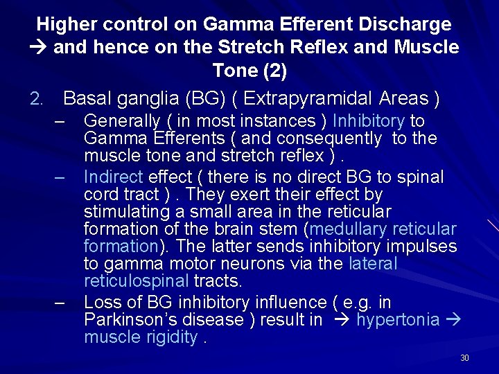 Higher control on Gamma Efferent Discharge and hence on the Stretch Reflex and Muscle