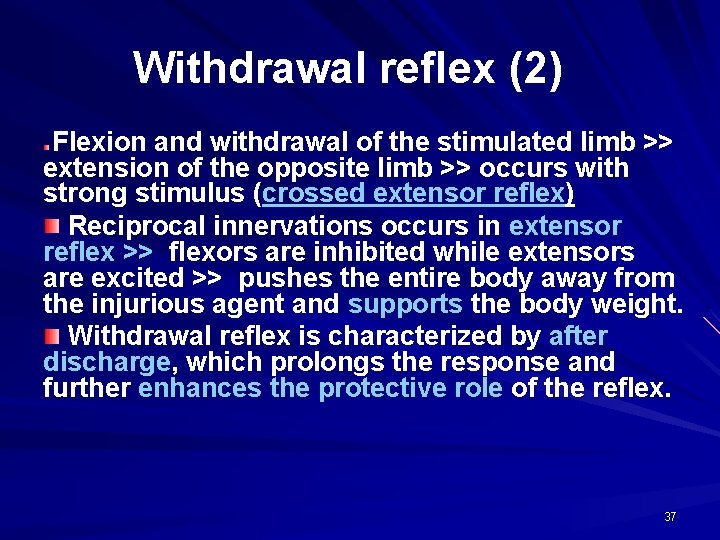 Withdrawal reflex (2) Flexion and withdrawal of the stimulated limb >> extension of the