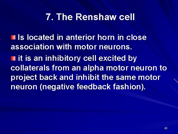 7. The Renshaw cell Is located in anterior horn in close association with motor