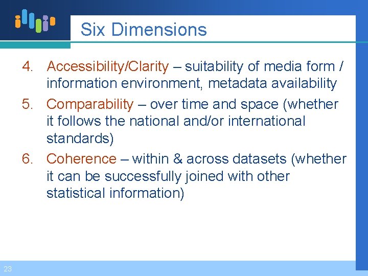 Six Dimensions 4. Accessibility/Clarity – suitability of media form / information environment, metadata availability