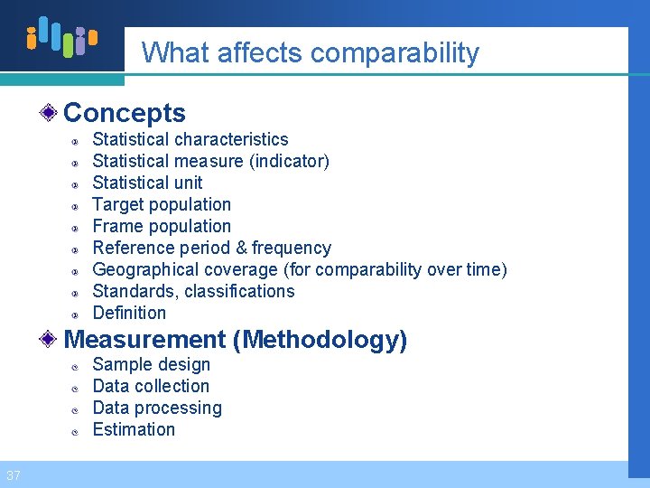 What affects comparability Concepts Statistical characteristics Statistical measure (indicator) Statistical unit Target population Frame