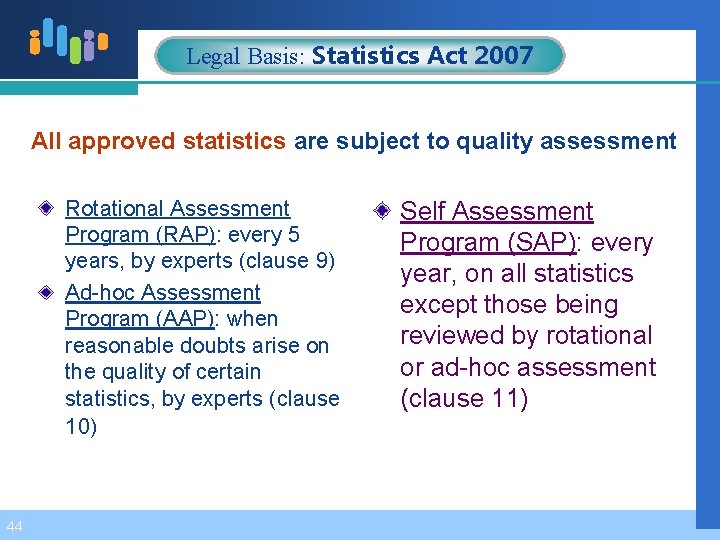 Legal Basis: Statistics Act 2007 All approved statistics are subject to quality assessment Rotational
