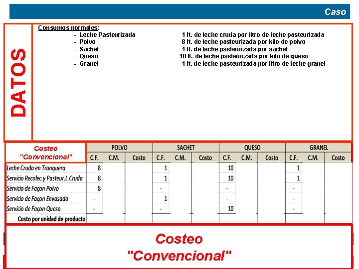 DATOS Caso Consumos normales: - Leche Pasteurizada - Polvo - Sachet - Queso -