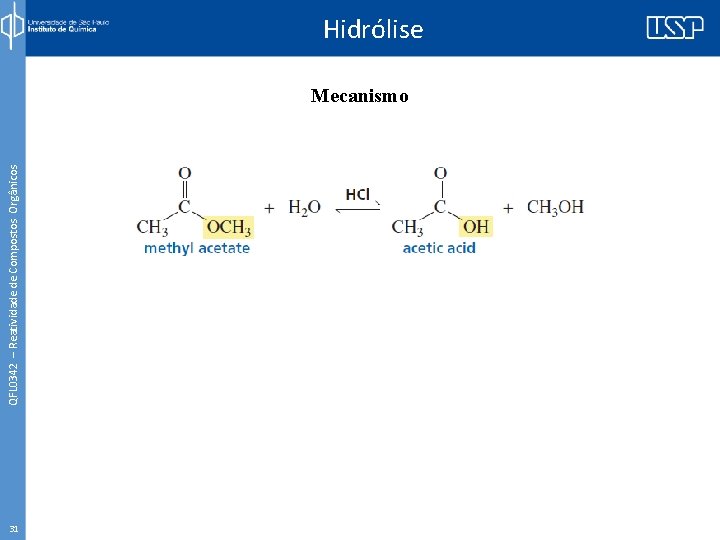 QFL 0342 – Reatividade de Compostos Orgânicos Hidrólise Mecanismo 31 