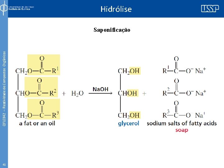 QFL 0342 – Reatividade de Compostos Orgânicos Hidrólise Saponificação 41 