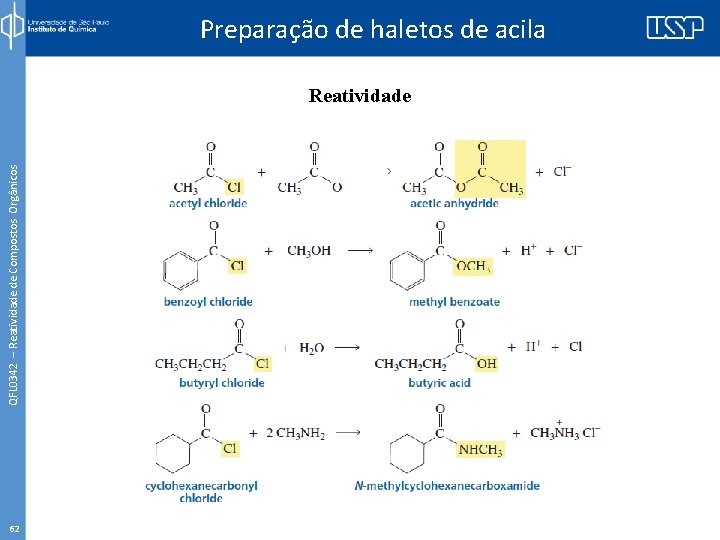 QFL 0342 – Reatividade de Compostos Orgânicos Preparação de haletos de acila Reatividade 62