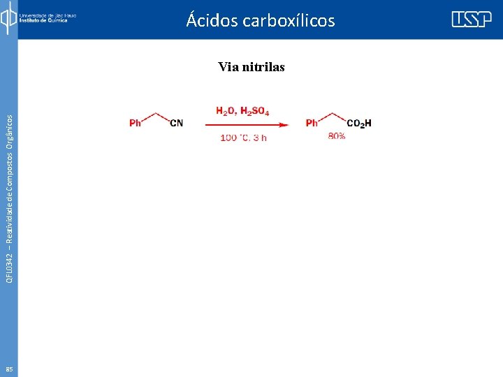 QFL 0342 – Reatividade de Compostos Orgânicos Ácidos carboxílicos Via nitrilas 85 