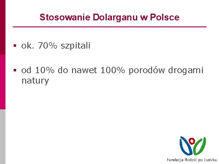 Stosowanie Dolarganu w Polsce § ok. 70% szpitali § od 10% do nawet 100%
