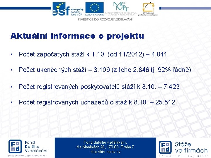 Aktuální informace o projektu • Počet započatých stáží k 1. 10. (od 11/2012) –