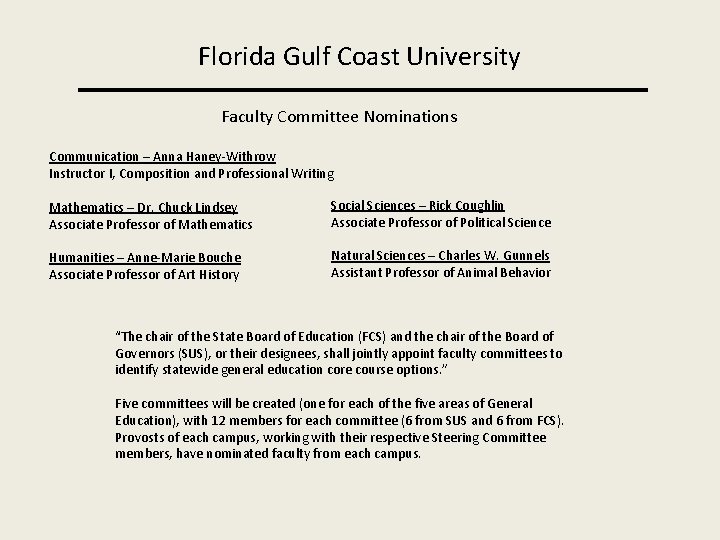 Florida Gulf Coast University Faculty Committee Nominations Communication – Anna Haney-Withrow Instructor I, Composition