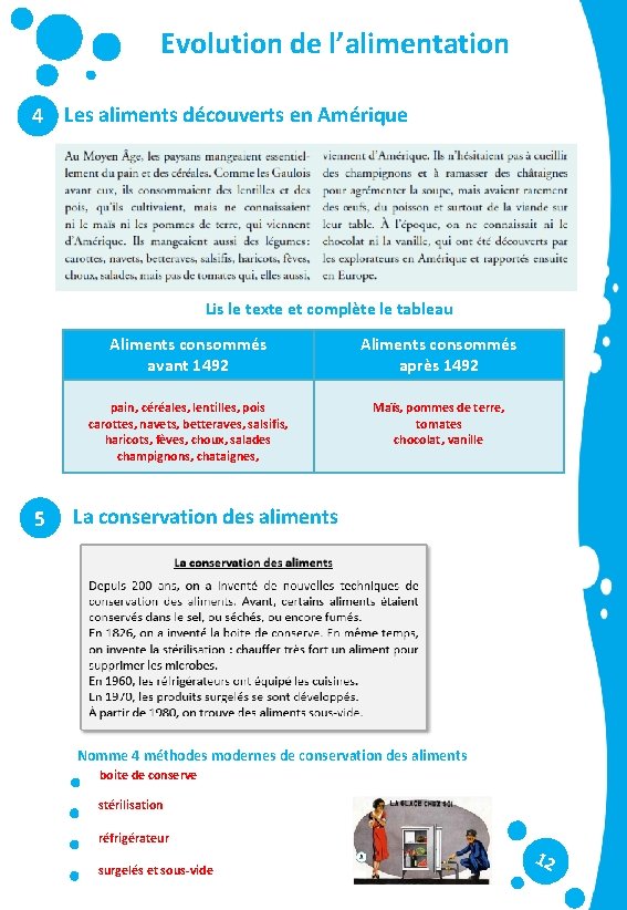 Evolution de l’alimentation 4 Les aliments découverts en Amérique Lis le texte et complète