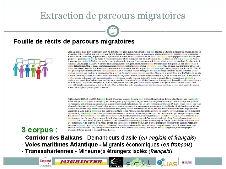 Extraction de parcours migratoires 08/12/2011 10/77 Fouille de récits de parcours migratoires 3 corpus