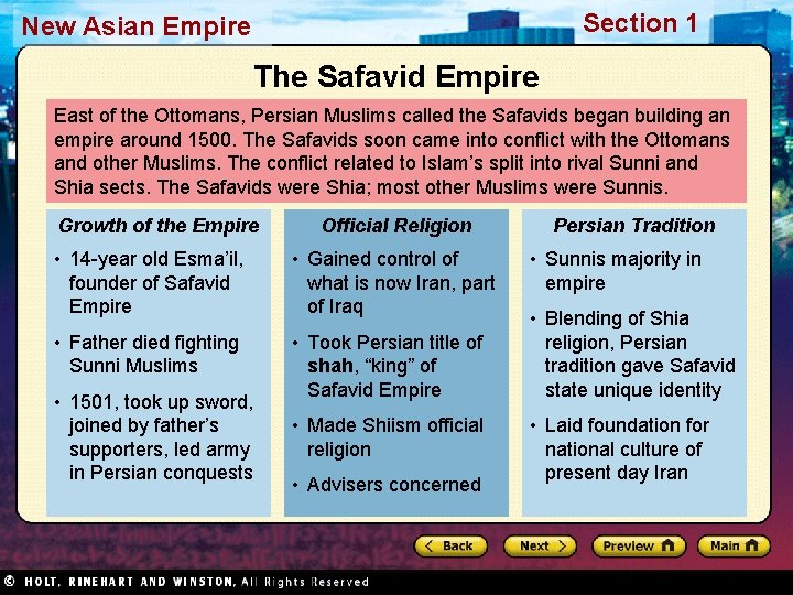 Section 1 New Asian Empire The Safavid Empire East of the Ottomans, Persian Muslims