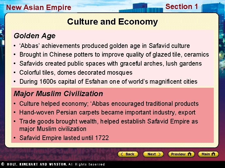 New Asian Empire Section 1 Culture and Economy Golden Age • • • ‘Abbas’