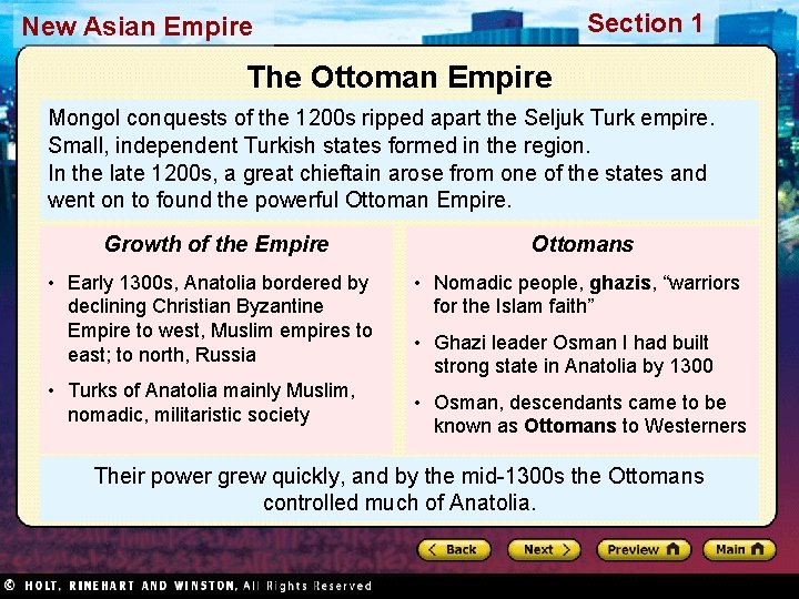 Section 1 New Asian Empire The Ottoman Empire Mongol conquests of the 1200 s