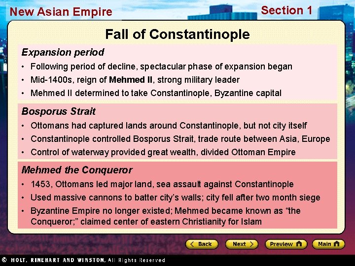 New Asian Empire Section 1 Fall of Constantinople Expansion period • Following period of