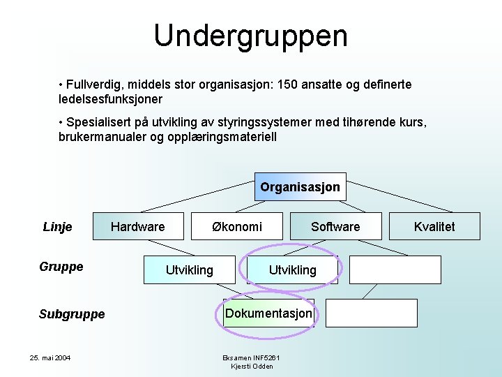 Undergruppen • Fullverdig, middels stor organisasjon: 150 ansatte og definerte ledelsesfunksjoner • Spesialisert på