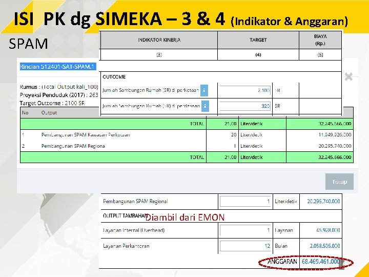 ISI PK dg SIMEKA – 3 & 4 (Indikator & Anggaran) SPAM Diambil dari