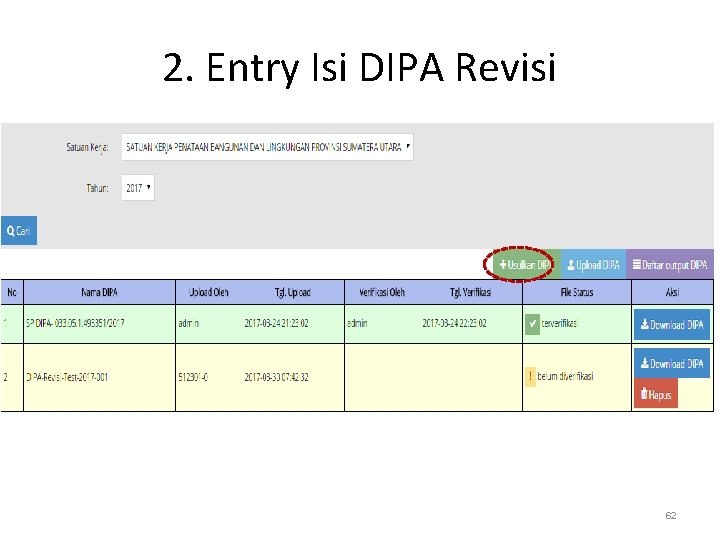 2. Entry Isi DIPA Revisi 62 